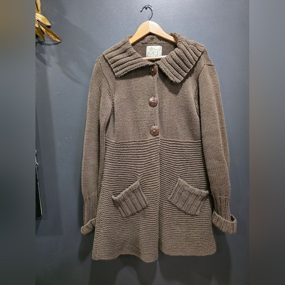 Rice by Rico Foundation Chunky Cardigan Sweater Womens L ASH Brown Button
